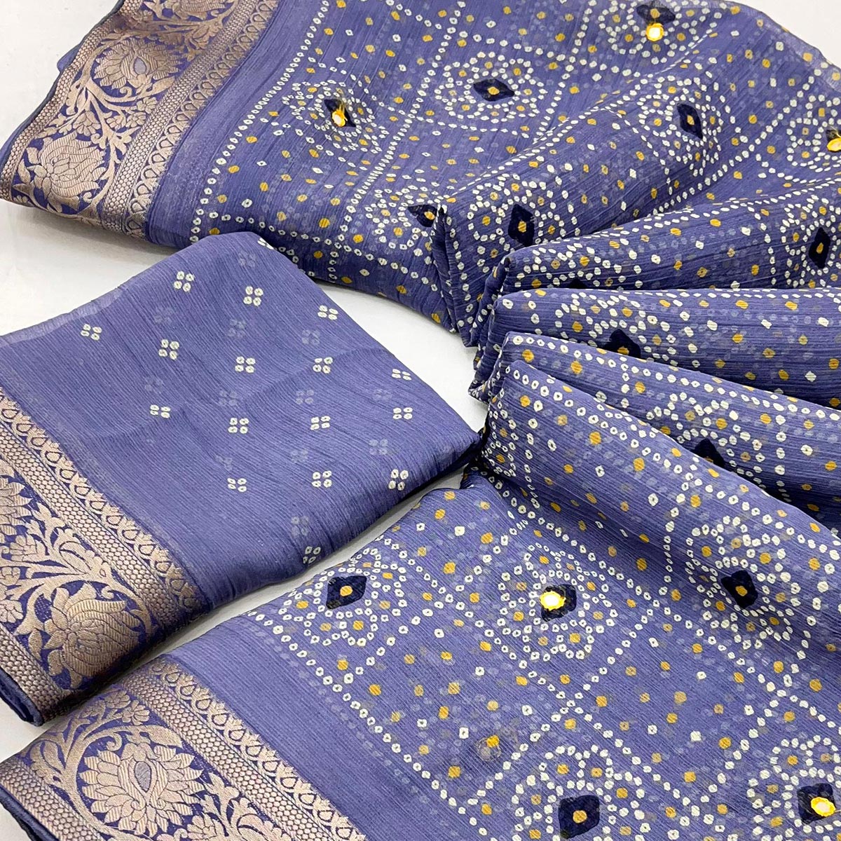 Blue Bandhani Printed Chiffon Saree