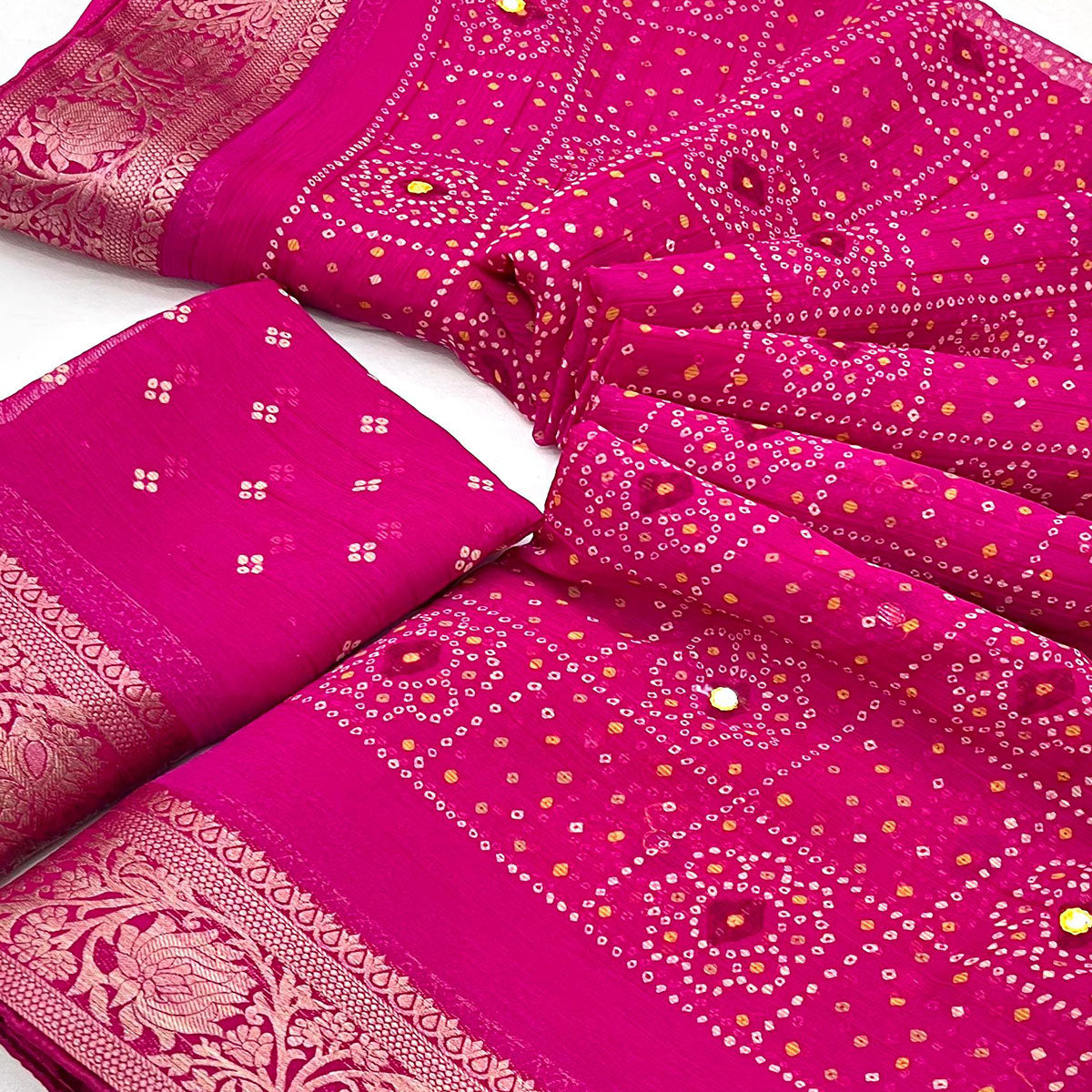 Pink Bandhani Printed Chiffon Saree