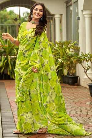 Green Floral Printed Silk Blend Saree Enhanced with Intricate Stone Detailing