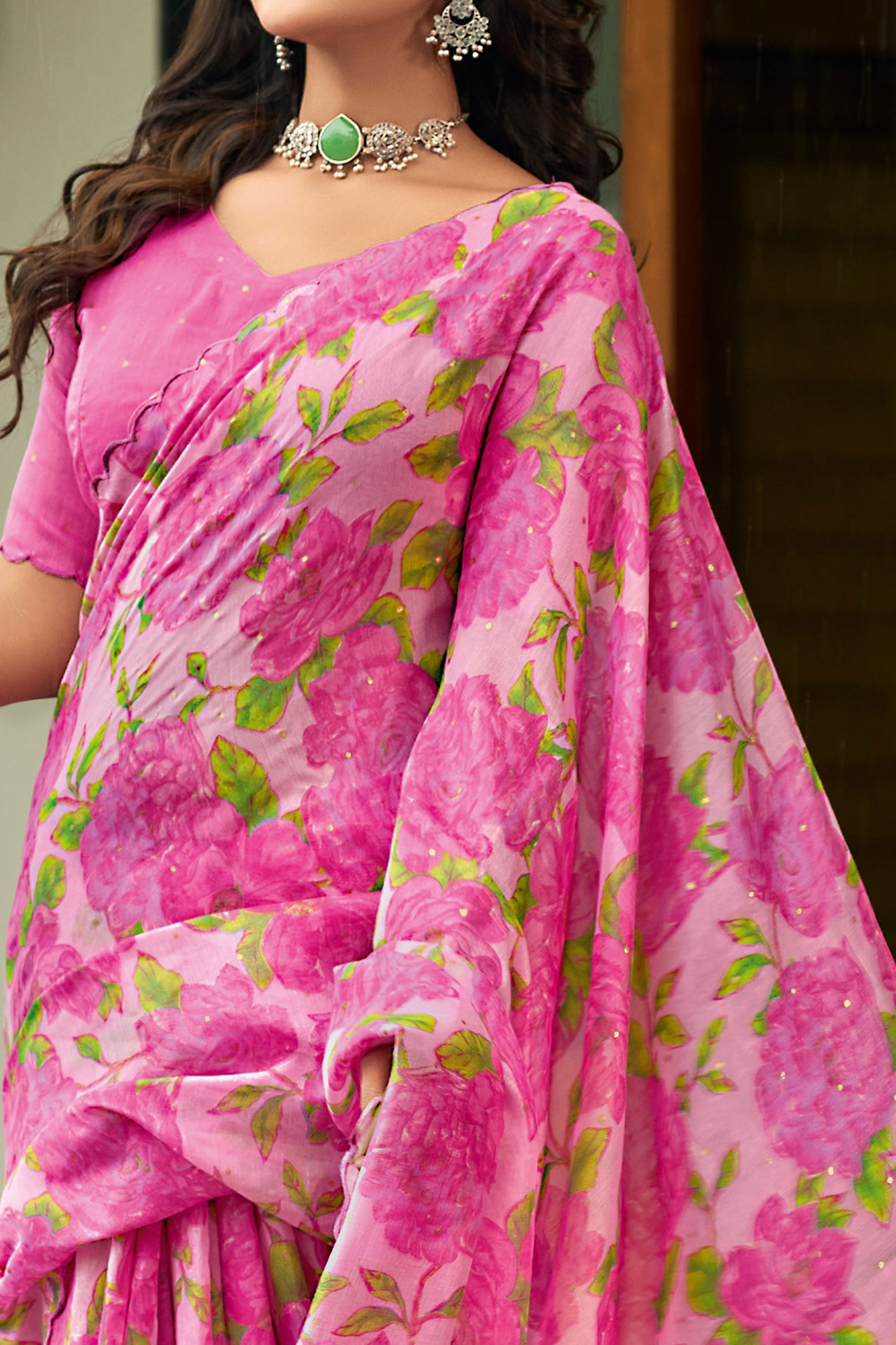Pink Floral Printed Silk Blend Saree Enhanced with Intricate Stone Detailing