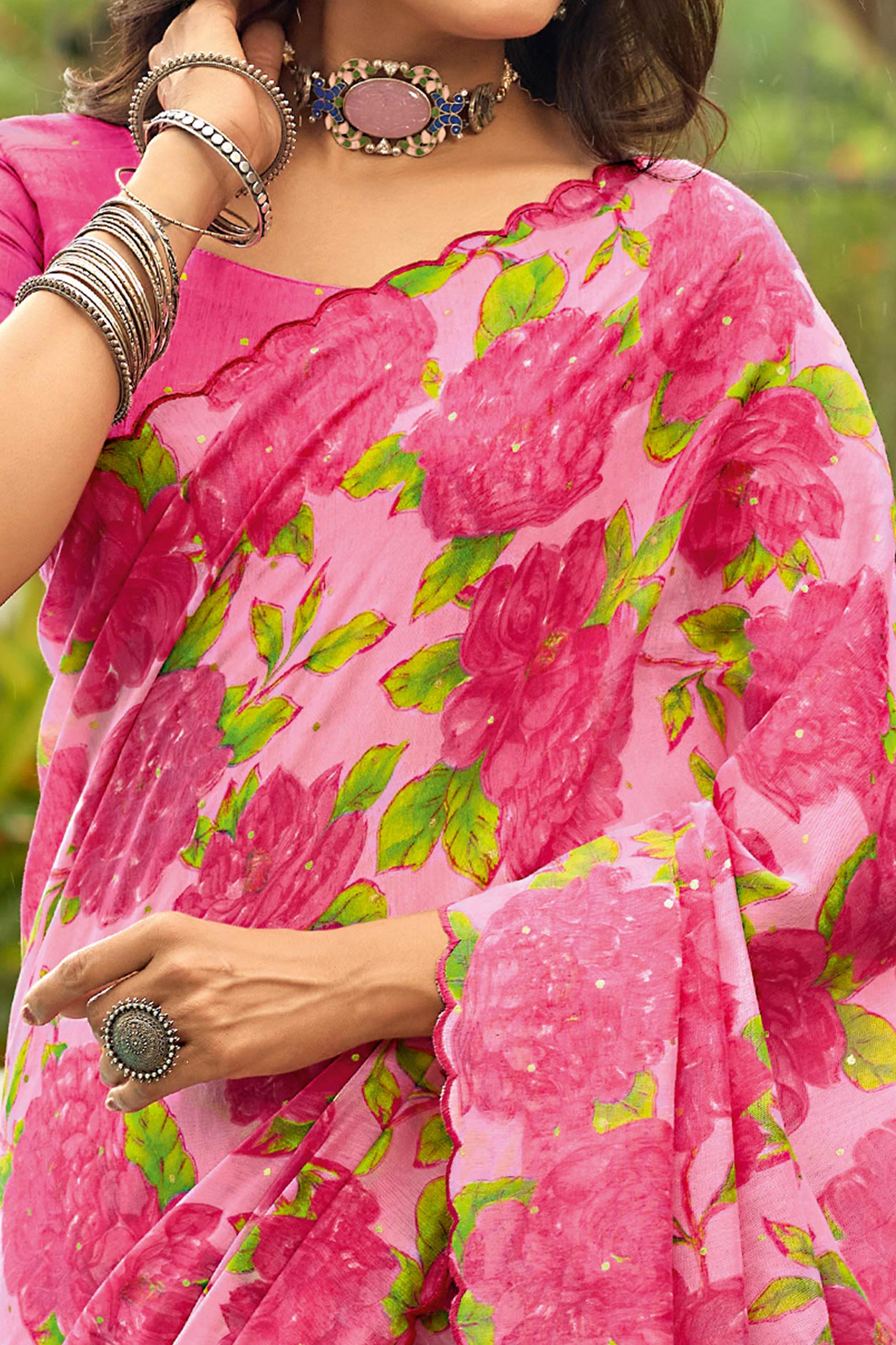 Pink Floral Printed Silk Blend Saree Enhanced with Intricate Stone Work