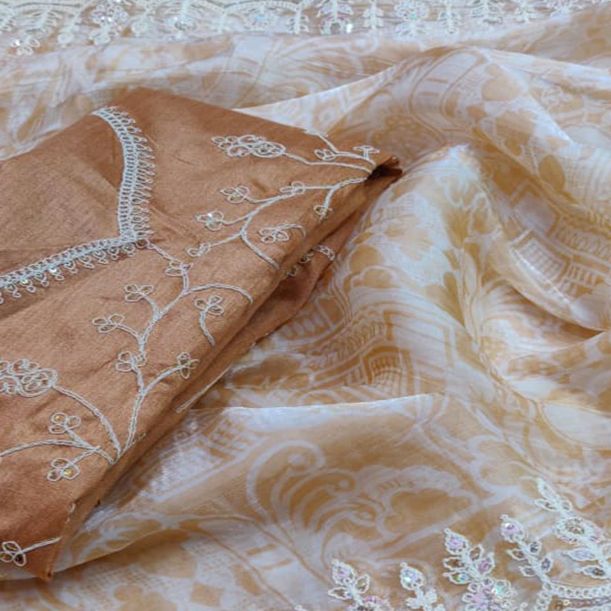Light Brown Floral Printed Jimmy Choo Tissue Saree With Sequins Embroidered Border