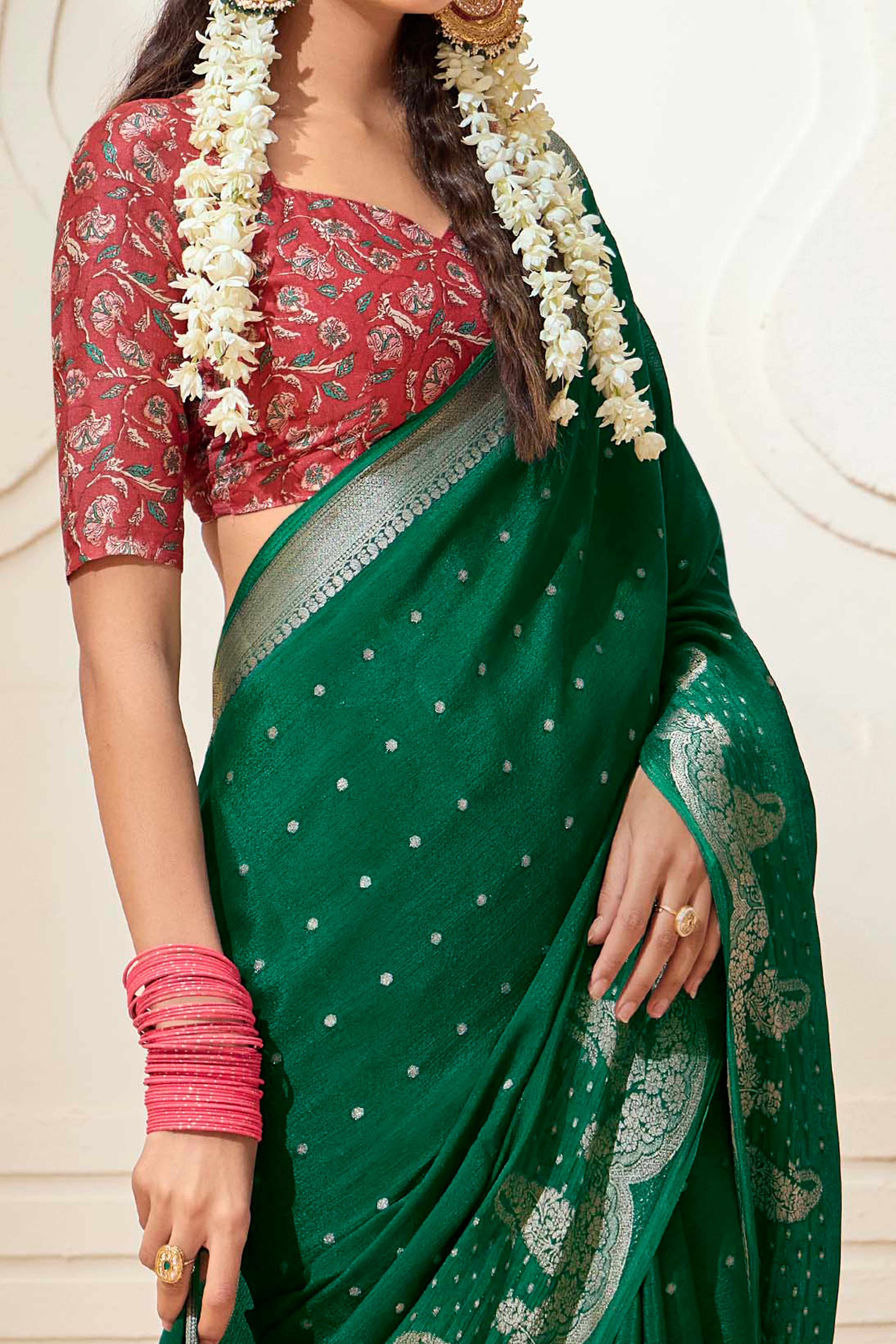 Green Chinon Saree with Jacquard Weaving and Delicate Tassel Accents