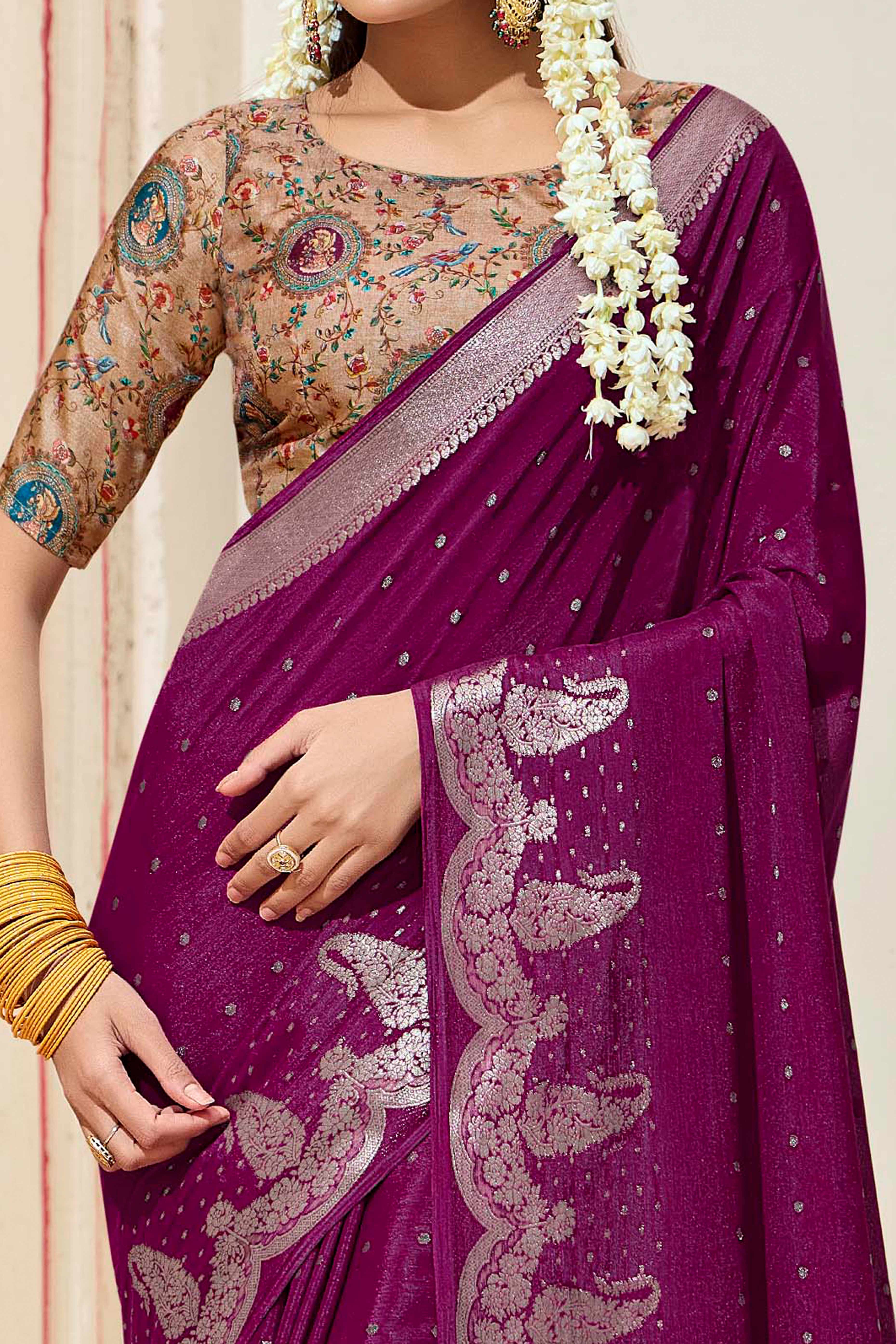 Magenta Chinon Saree with Jacquard Weaving and Delicate Tassel Accents