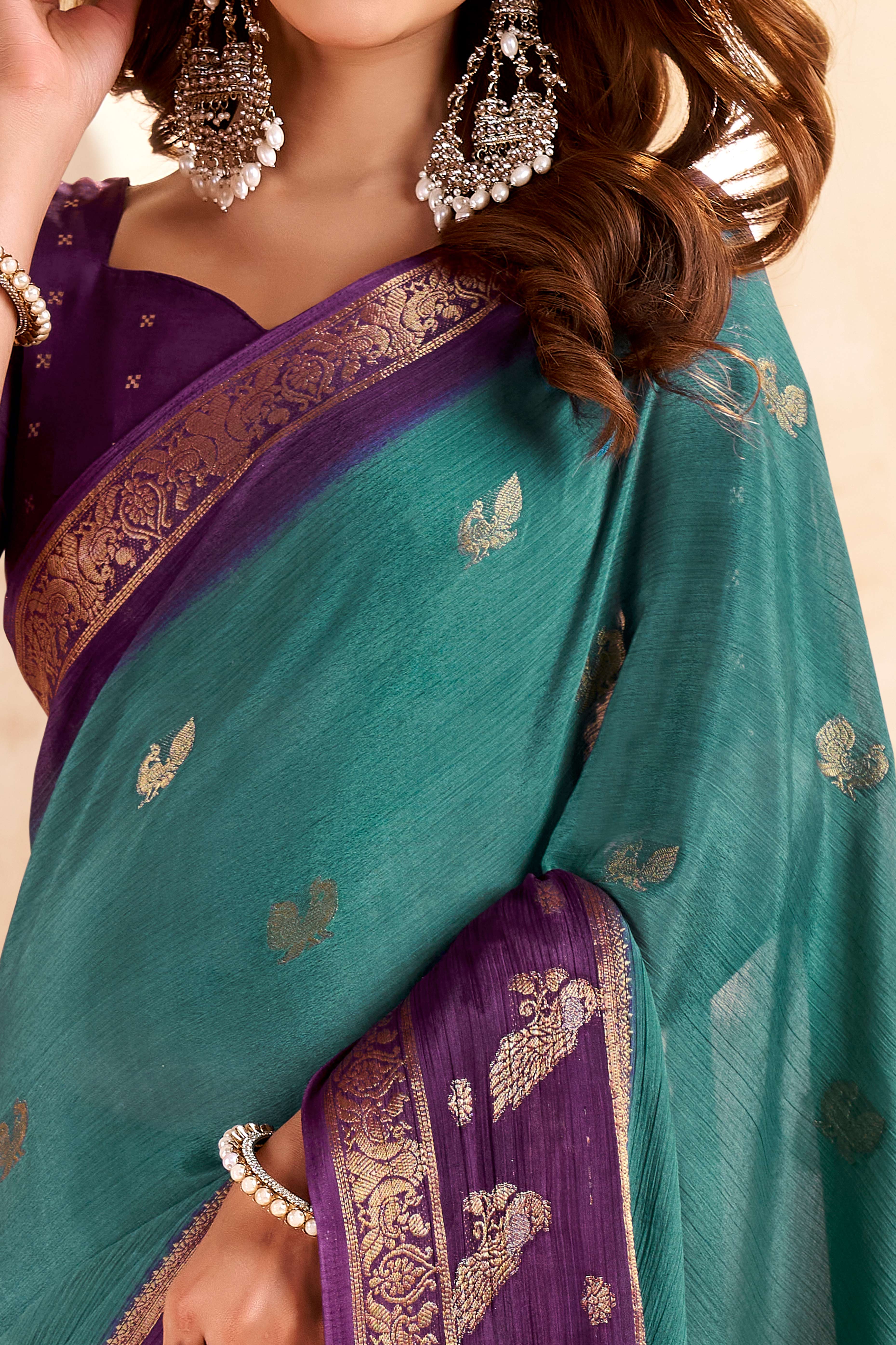 Teal Chinon Saree Featuring Exquisite Jacquard Weaving for a Timeless and Refined Look