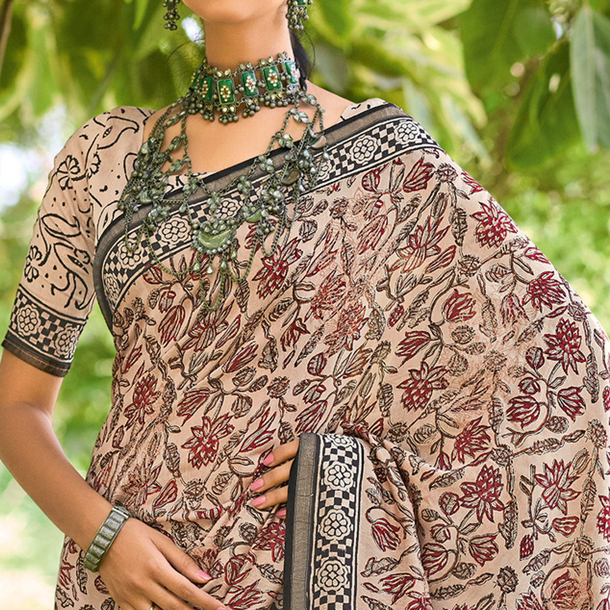 Beige Floral Printed Mul Mul Cotton Saree