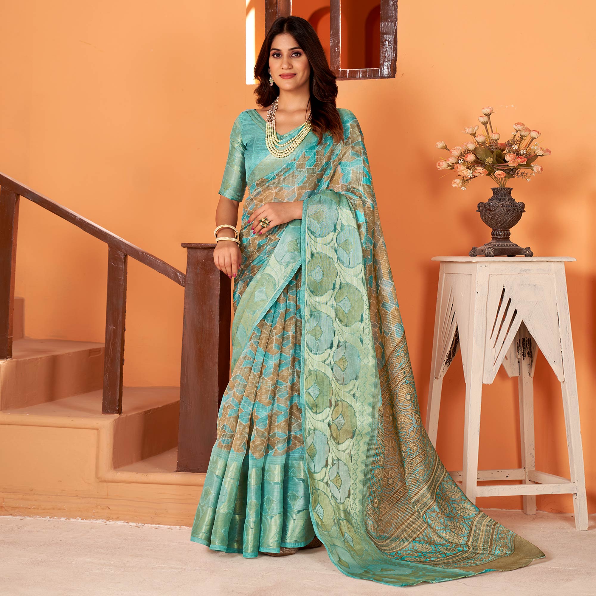 Sea Green Printed Organza Saree With Woven Border