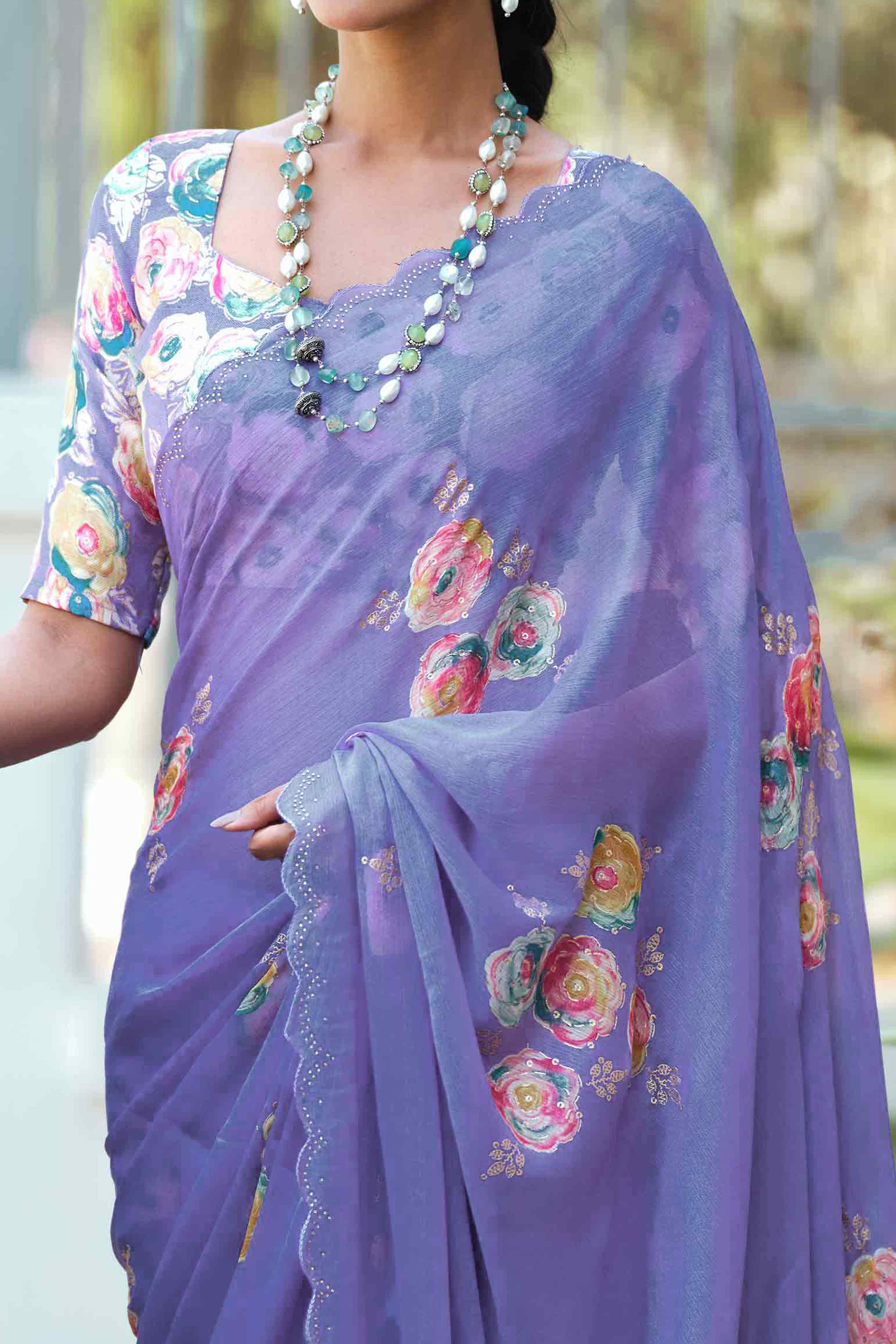 Elegant Violet Chiffon Saree with Floral and Foil Print Detailing