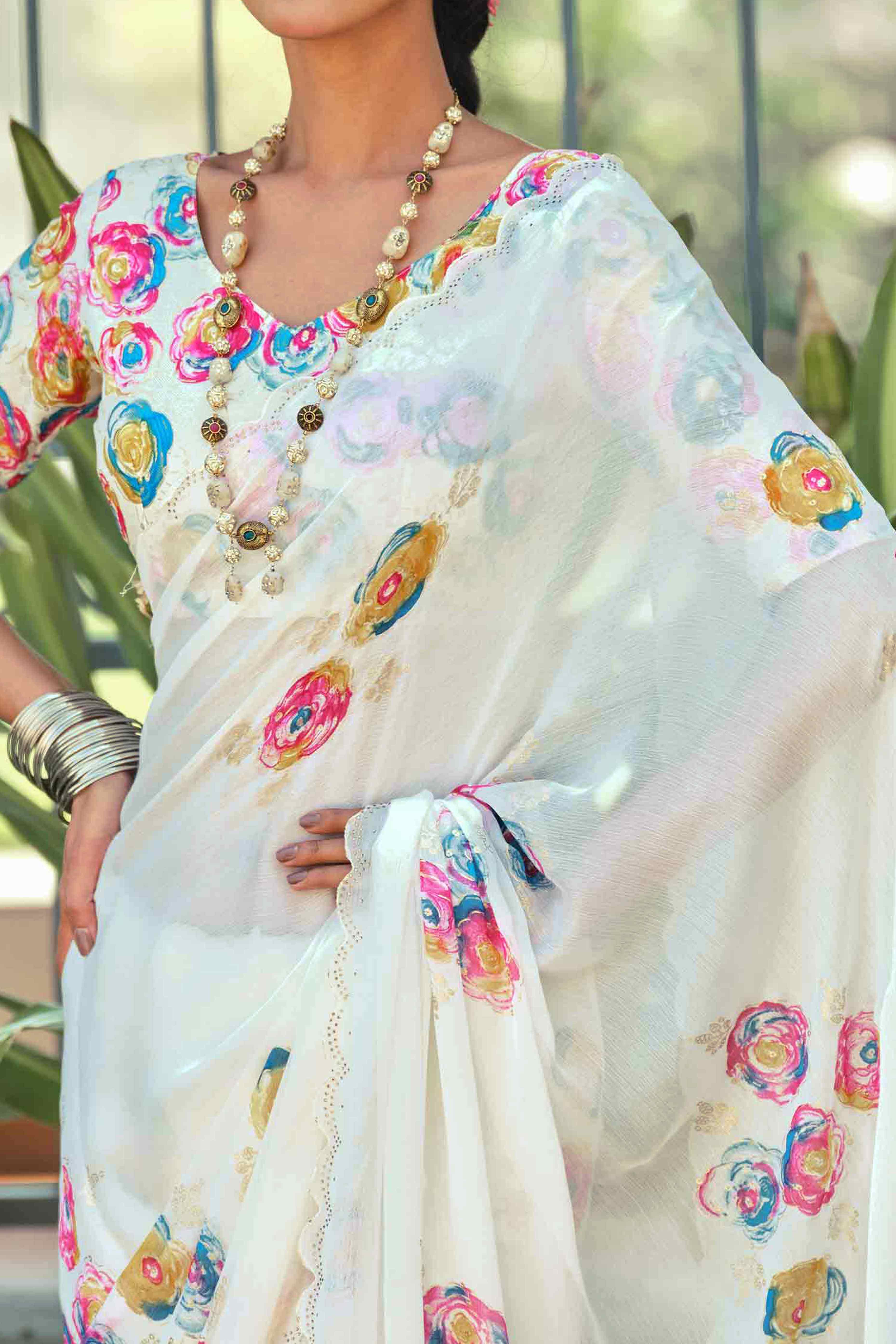 Elegant White Chiffon Saree with Floral and Foil Print Detailing