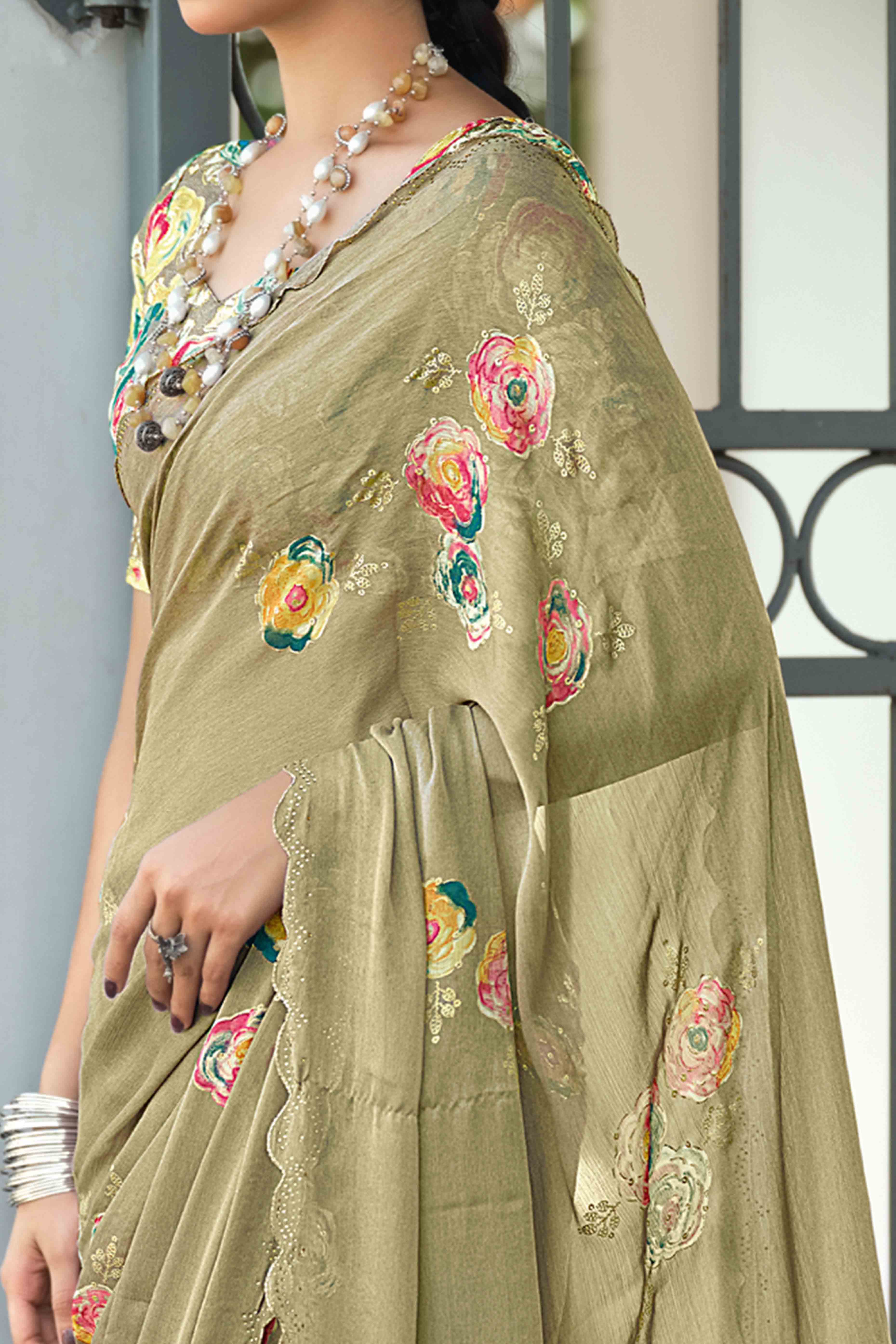 Elegant Olive Chiffon Saree with Floral and Foil Print Detailing