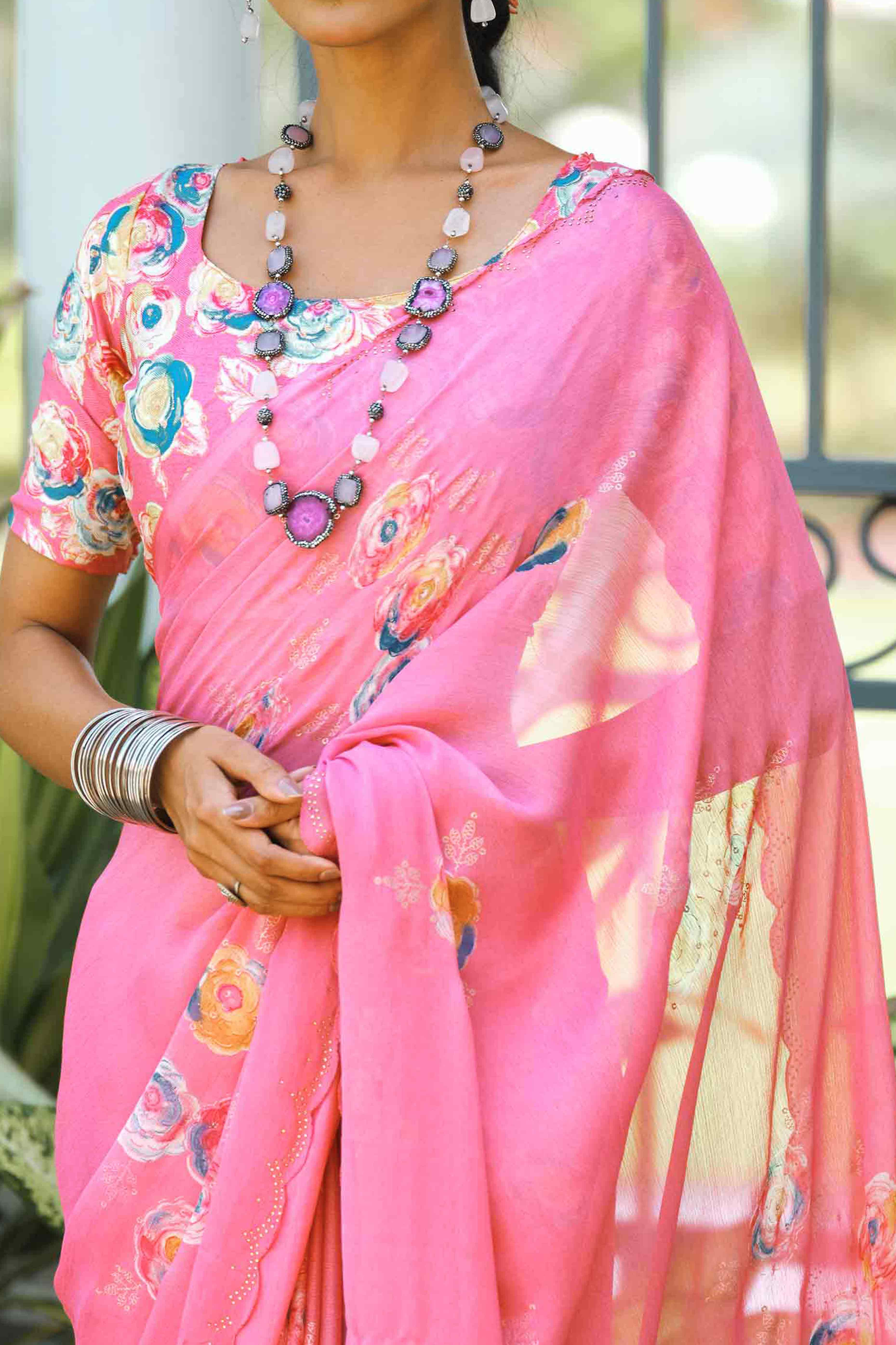 Elegant Pink Chiffon Saree with Floral and Foil Print Detailing
