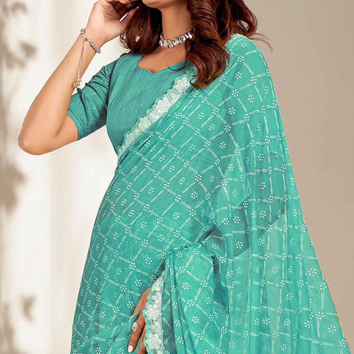 Turquoise Floral Printed Chiffon Saree With Embroidered Border