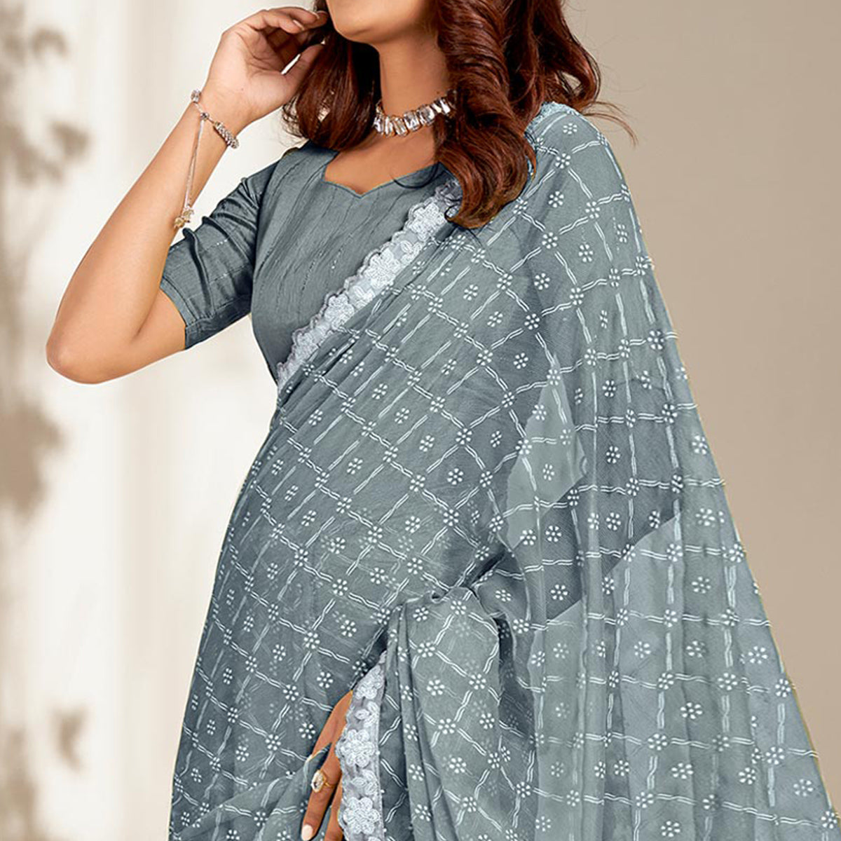 Grey Floral Printed Chiffon Saree With Embroidered Border