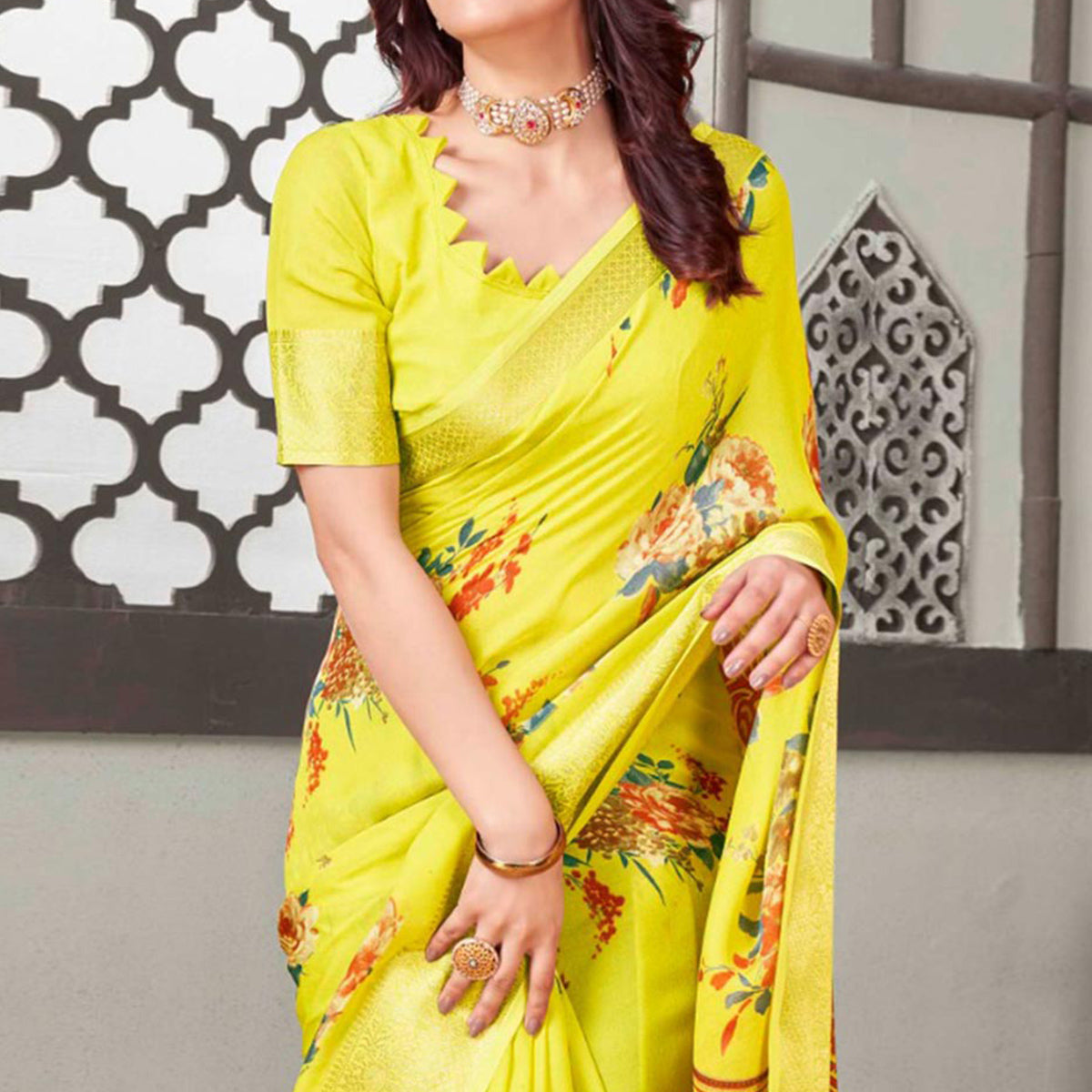 Yellow Floral Printed Cotton Blend Saree With Jacquard Border
