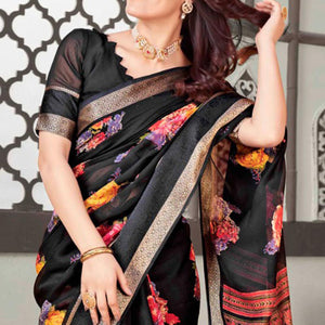 Black Floral Printed Cotton Blend Saree With Jacquard Border