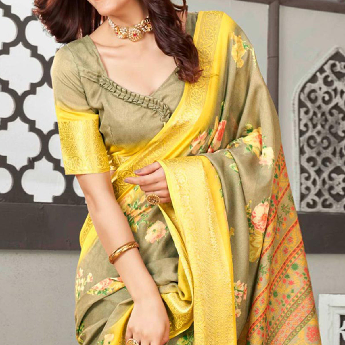 Olive Green Floral Printed Cotton Blend Saree With Jacquard Border