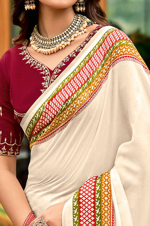 Classic Cream Cotton Blend Saree Featuring Abstract Print Design