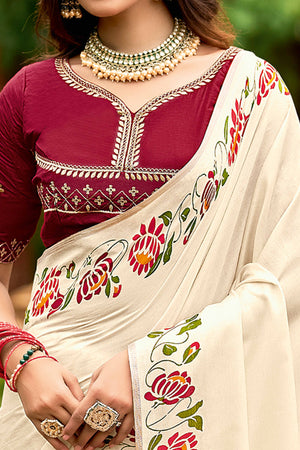 Designer Cream Abstract Printed Cotton Blend Saree