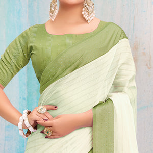 Green Printed Chiffon Saree With Weaving Border