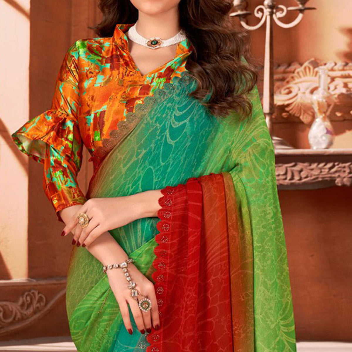 Green Printed Moss Georgette Saree With Swarovski Work Border