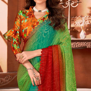 Green Printed Moss Georgette Saree With Swarovski Work Border