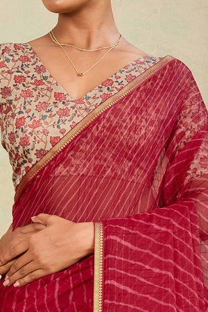 Maroon Leheriya Chiffon Saree Accented With Elegant Zari Lace Border Work