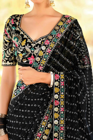 Black Bandhani Printed Georgette Saree With Sparkling Sequin Embroidered Border