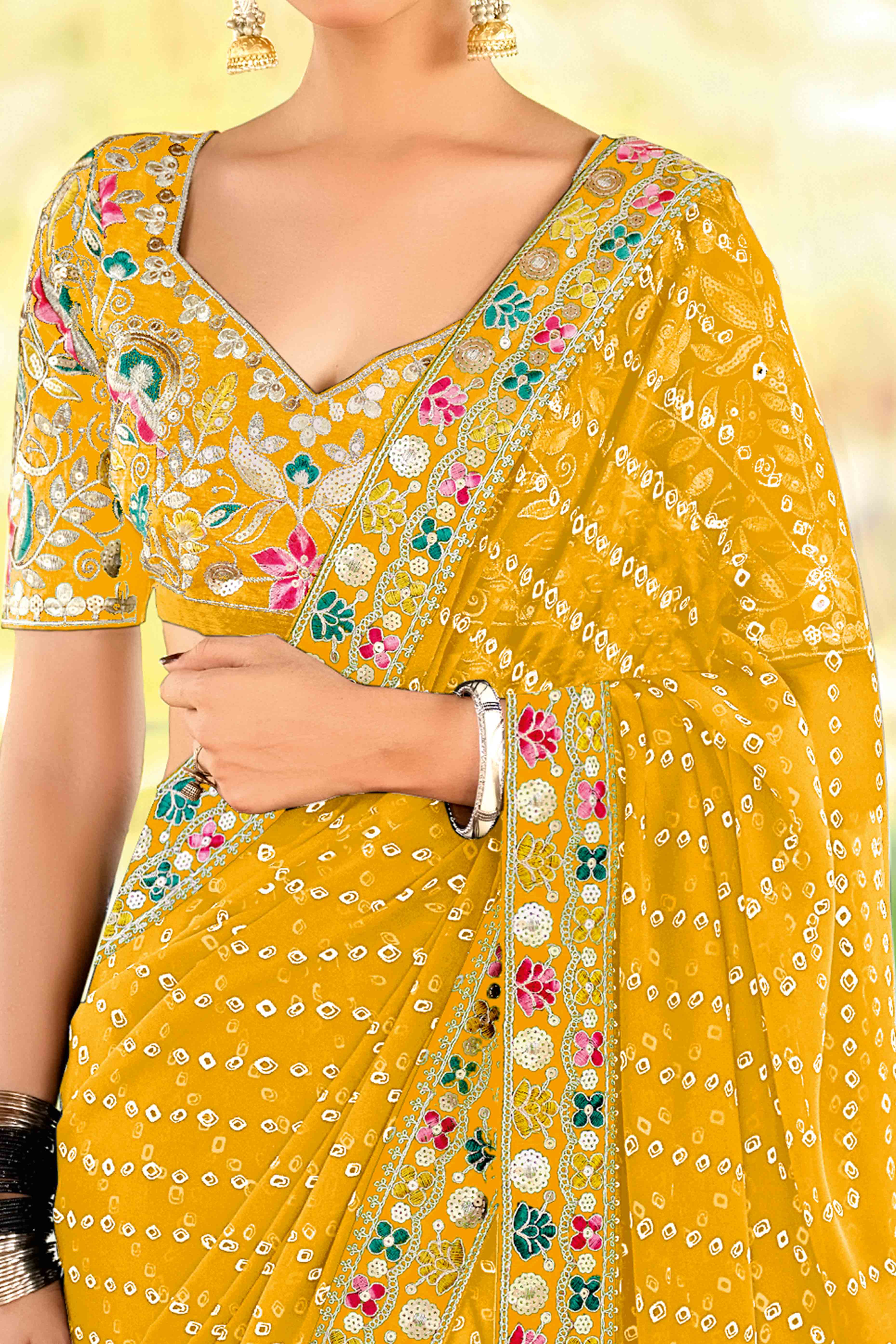 Yellow Bandhani Printed Georgette Saree With Sparkling Sequin Embroidered Border