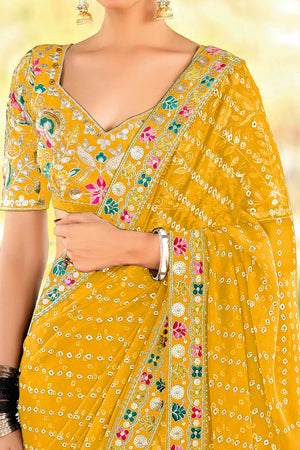 Yellow Bandhani Printed Georgette Saree With Sparkling Sequin Embroidered Border