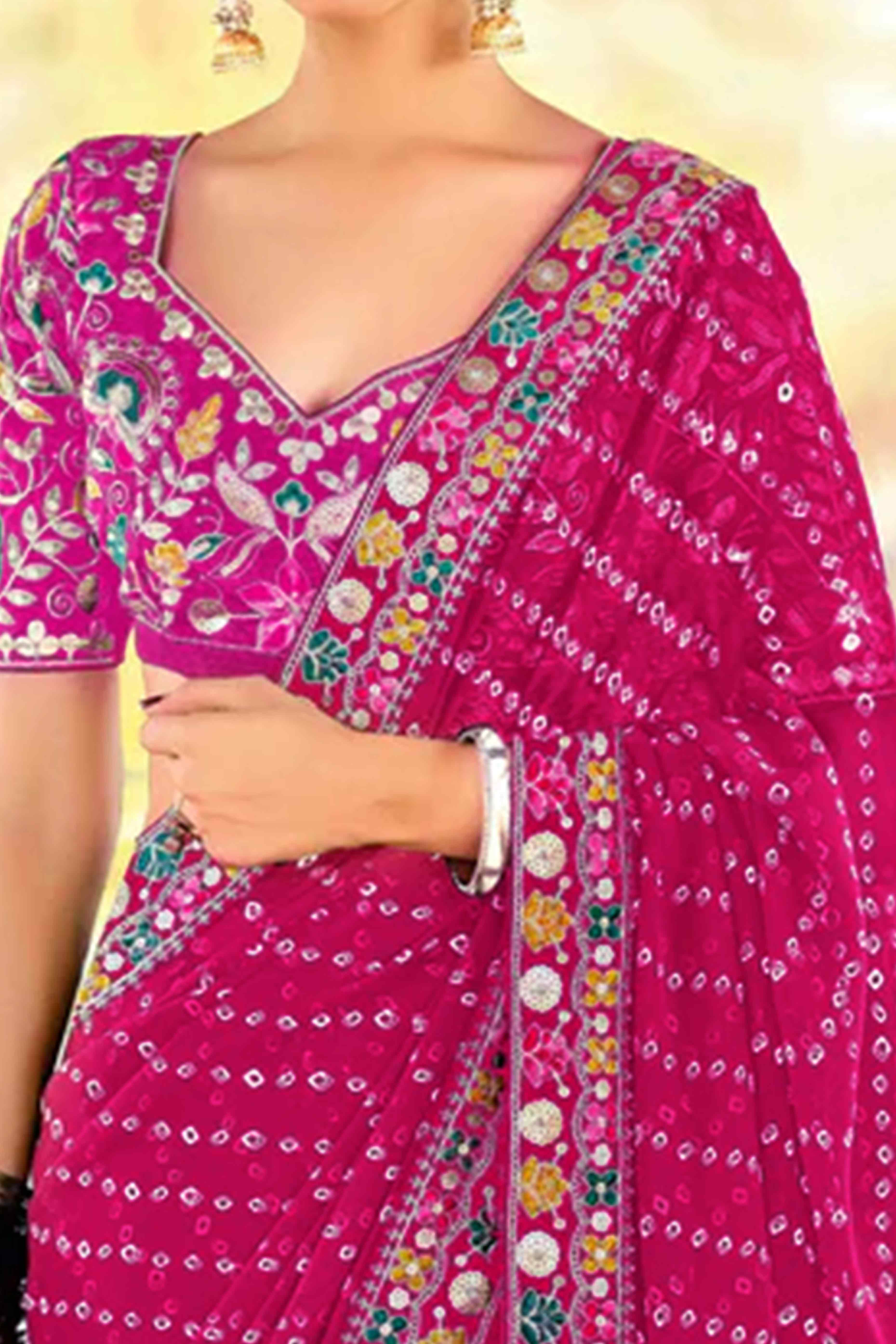 Pink Bandhani Printed Georgette Saree With Sparkling Sequin Embroidered Border