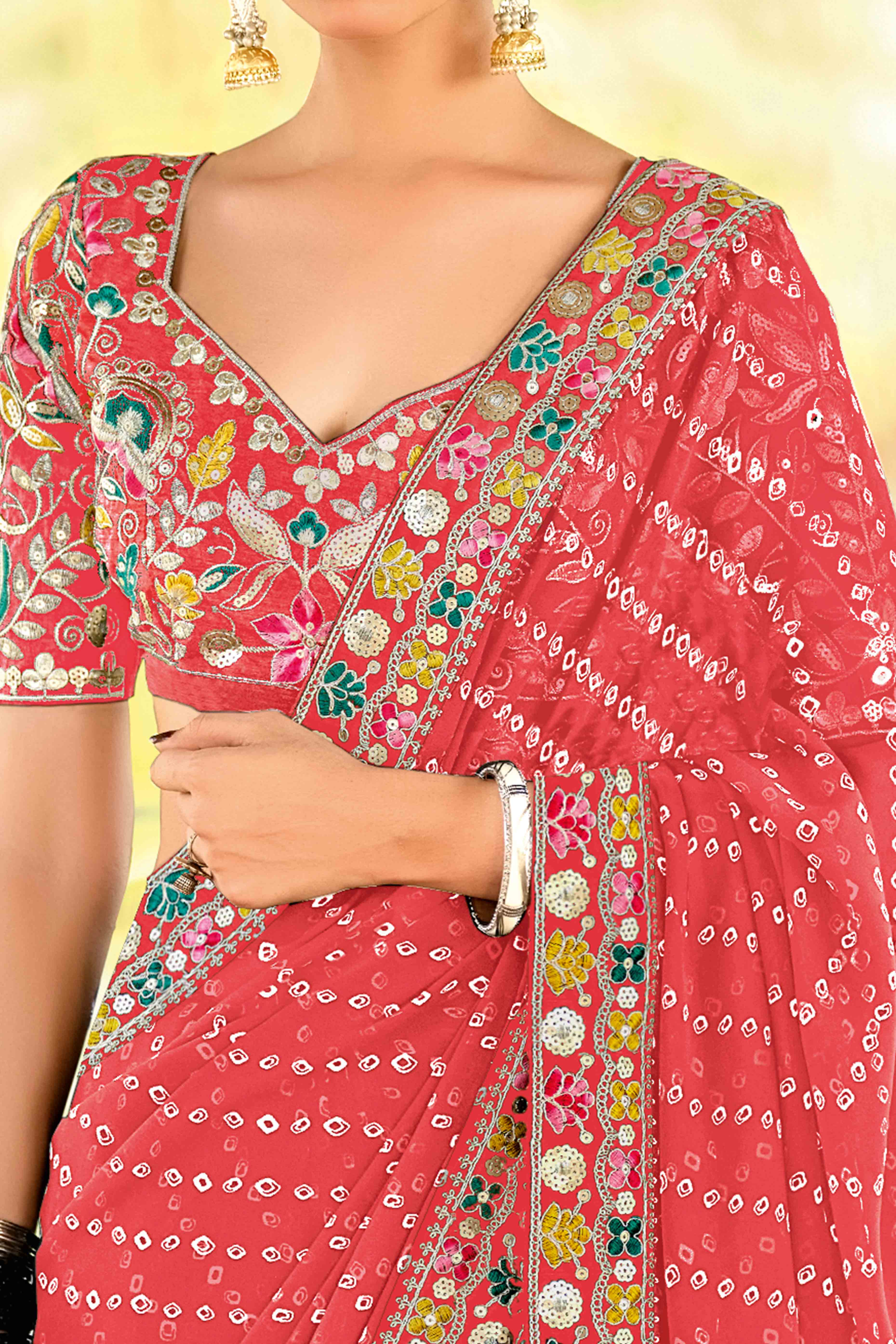Coral Pink Bandhani Printed Georgette Saree With Sparkling Sequin Embroidered Border