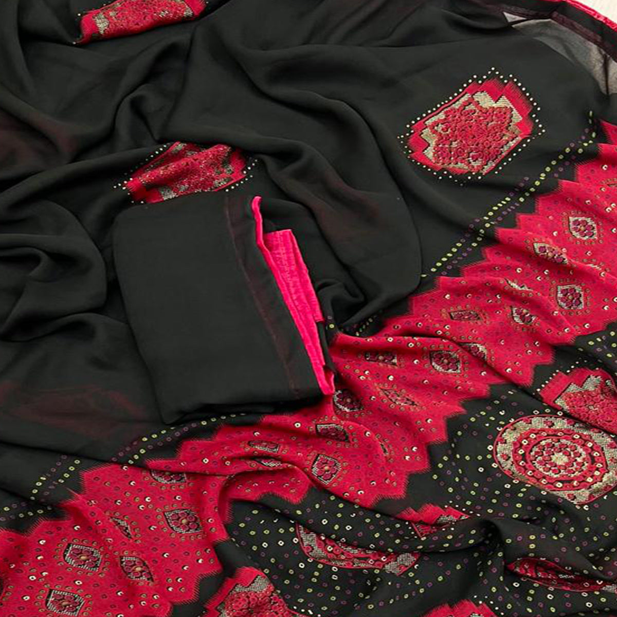 Black & Red Patola With Bandhani Printed Moss Chiffon Saree