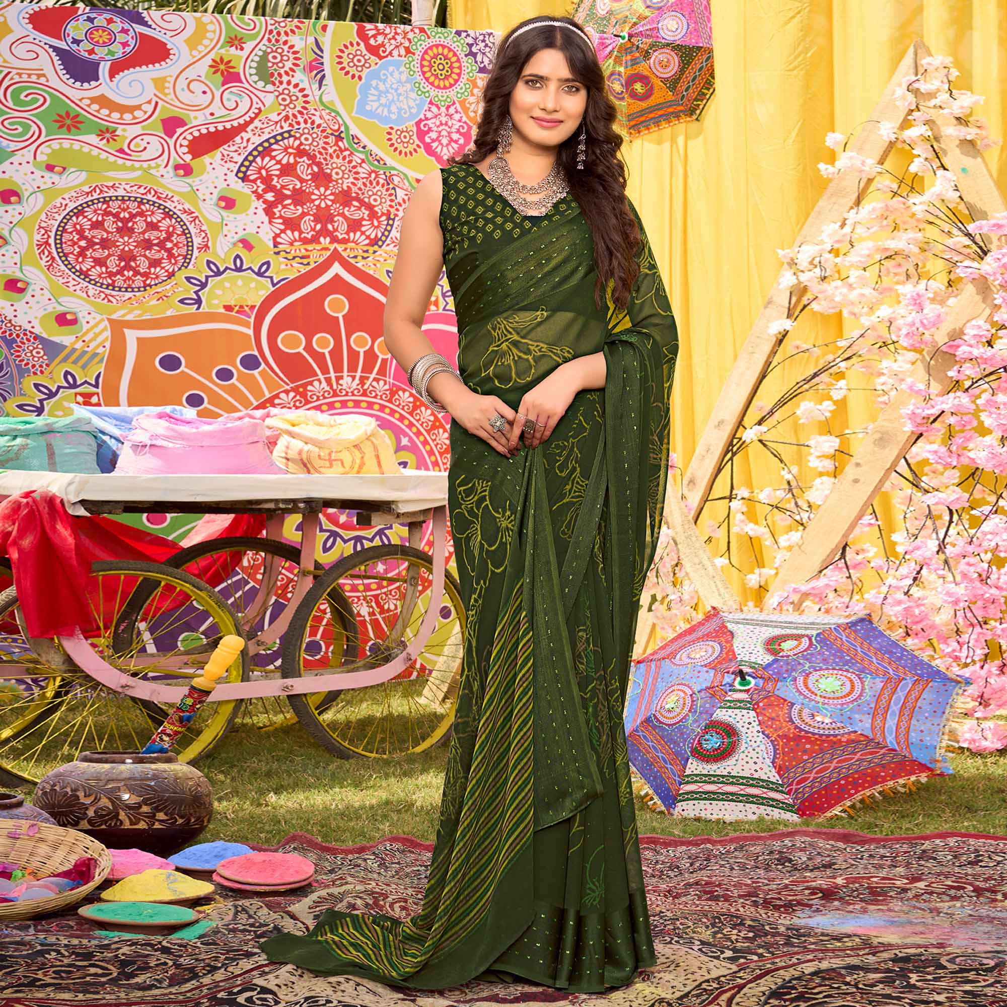 Green Floral Printed Georgette Saree With Woven Border