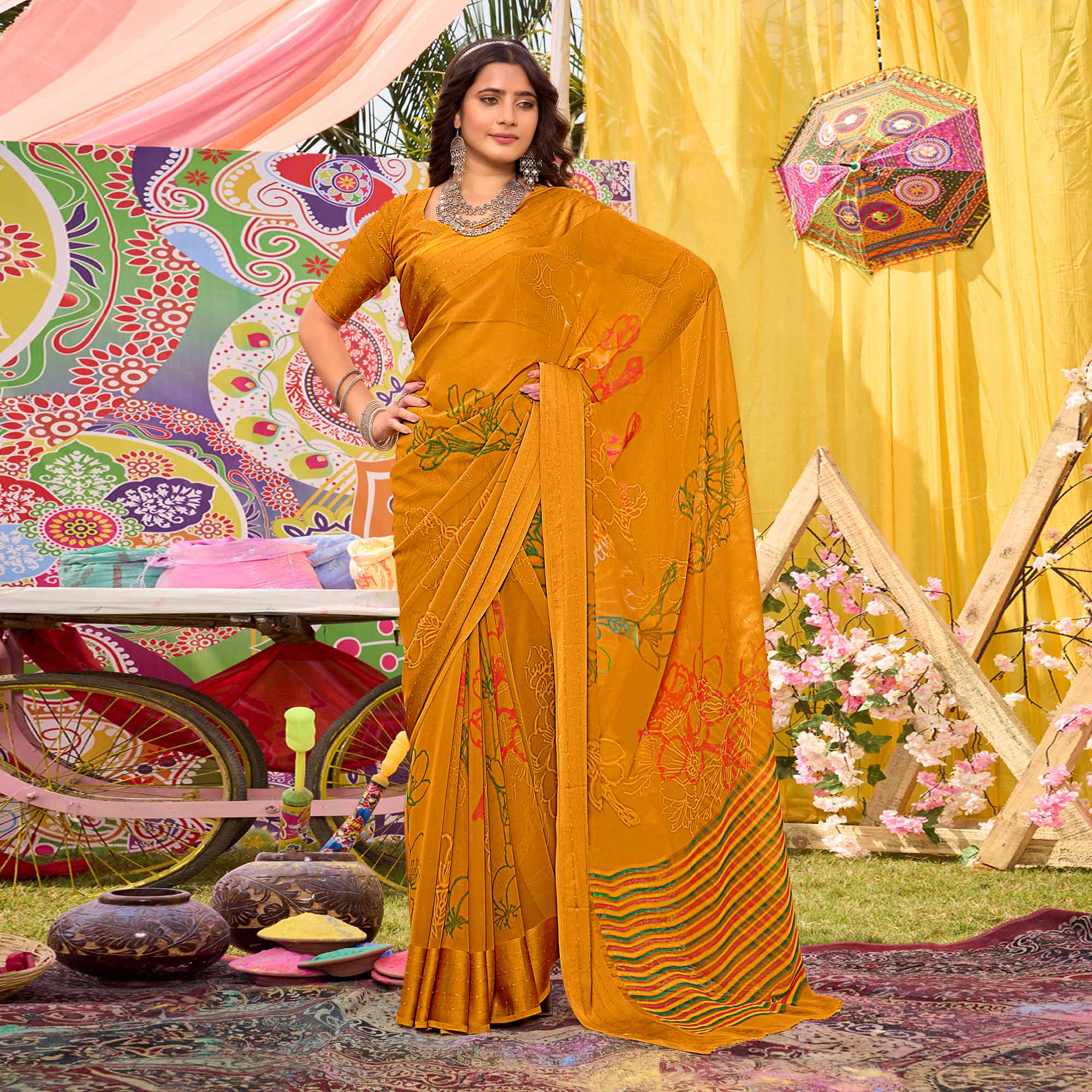 Mustard Floral Printed Georgette Saree With Woven Border
