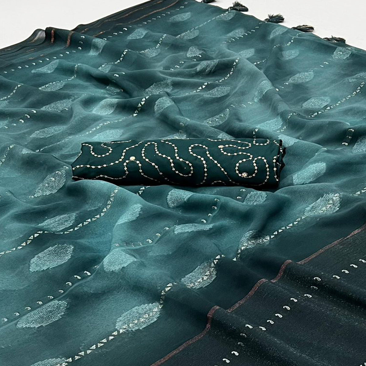 Teal Green Woven Georgette Saree