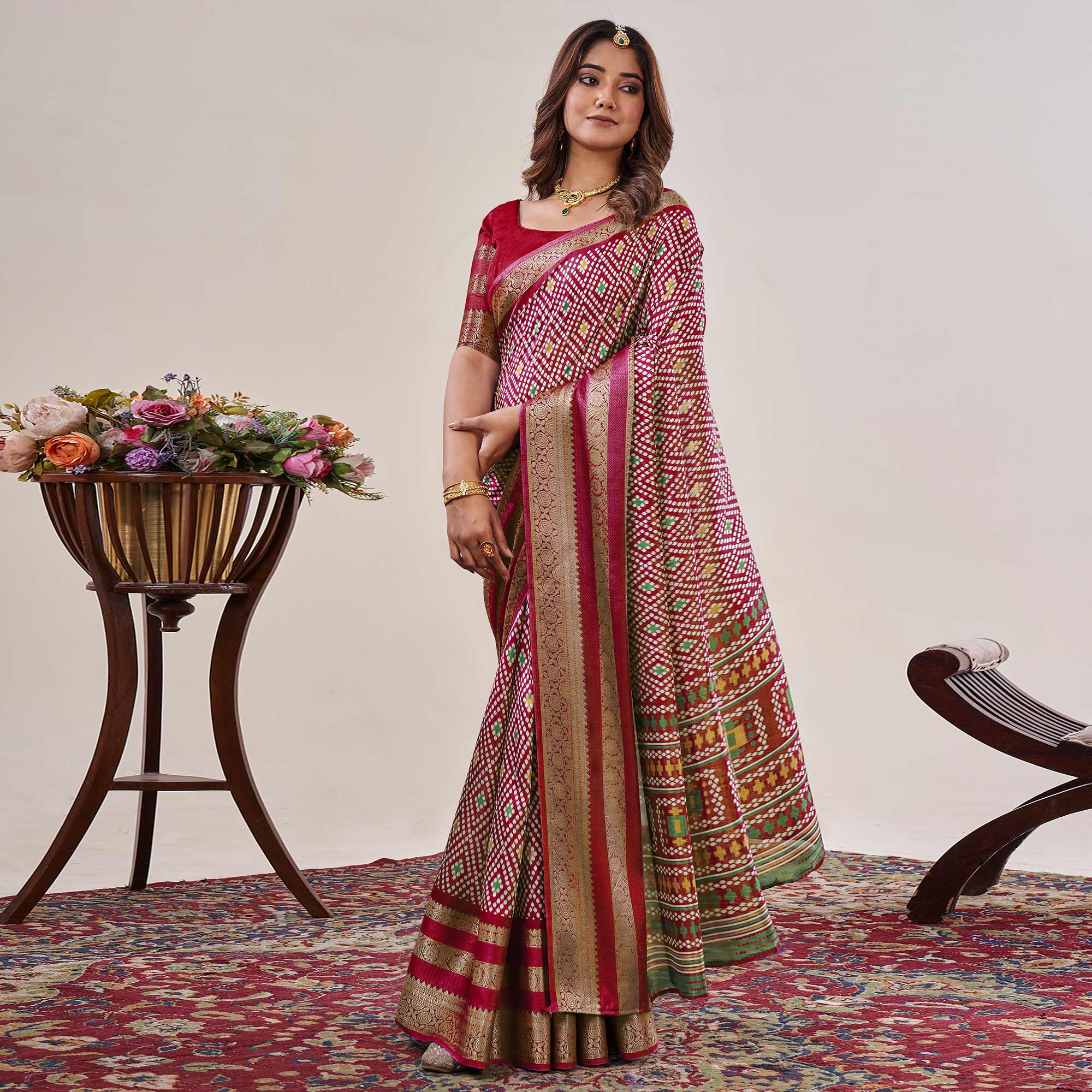 Red Ikkat Printed With Jacquard Border Cotton Silk Saree