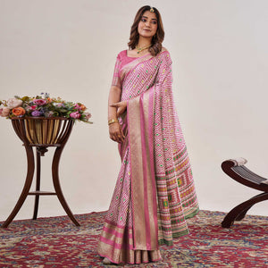Baby Pink Ikkat Printed With Jacquard Border Cotton Silk Saree