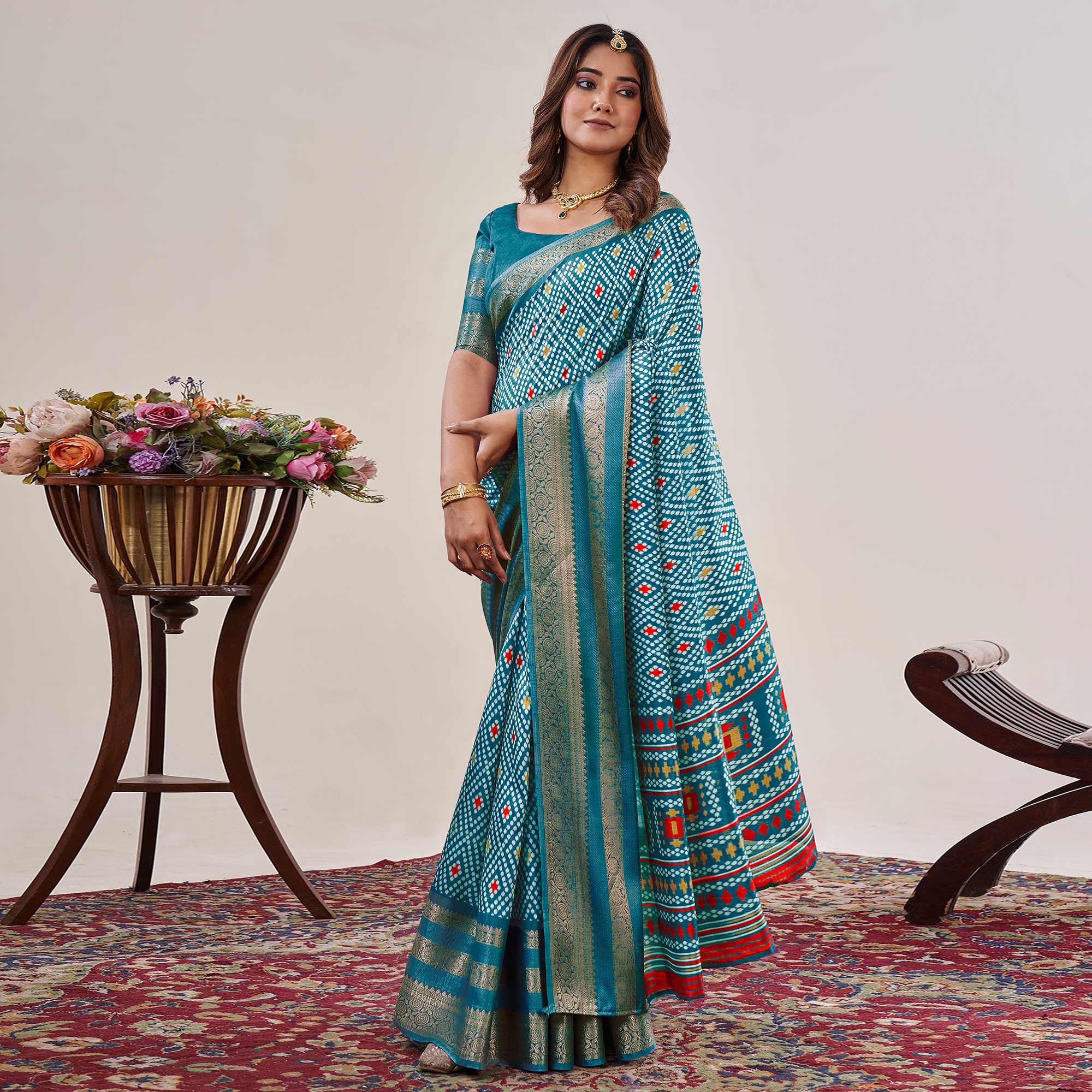 Rama Blue Ikkat Printed With Jacquard Border Cotton Silk Saree