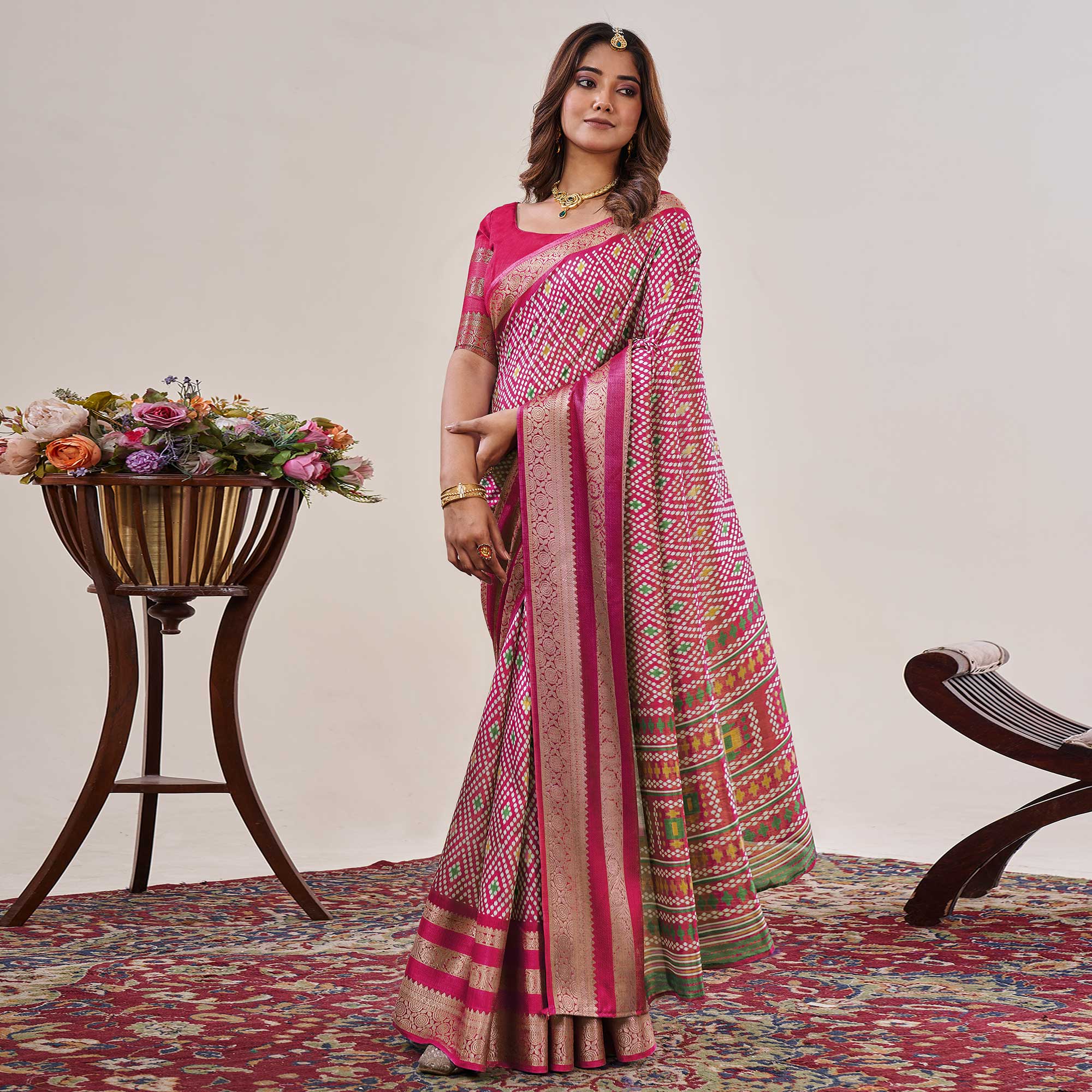 Pink Ikkat Printed With Jacquard Border Cotton Silk Saree