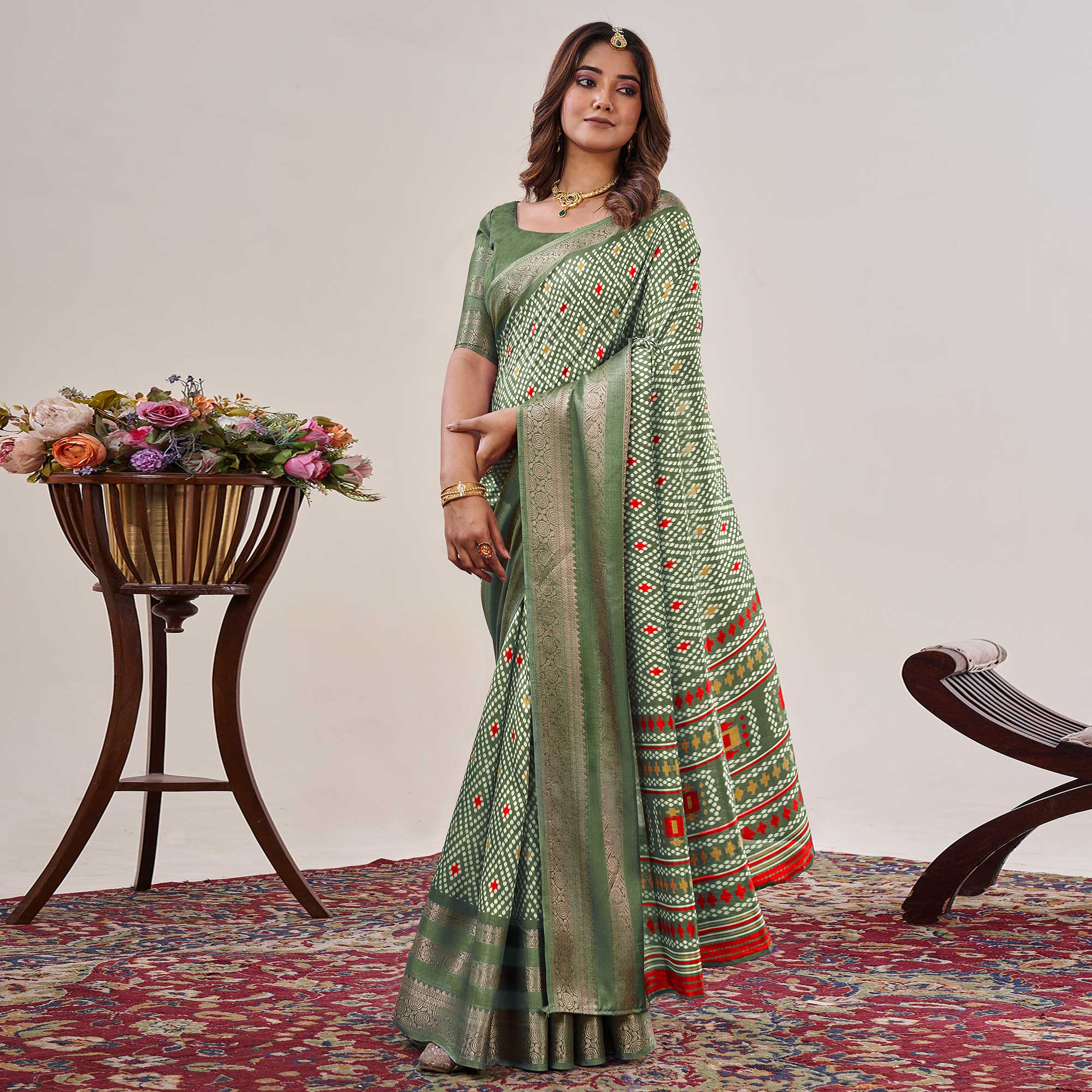 Dusty Green Ikkat Printed With Jacquard Border Cotton Silk Saree