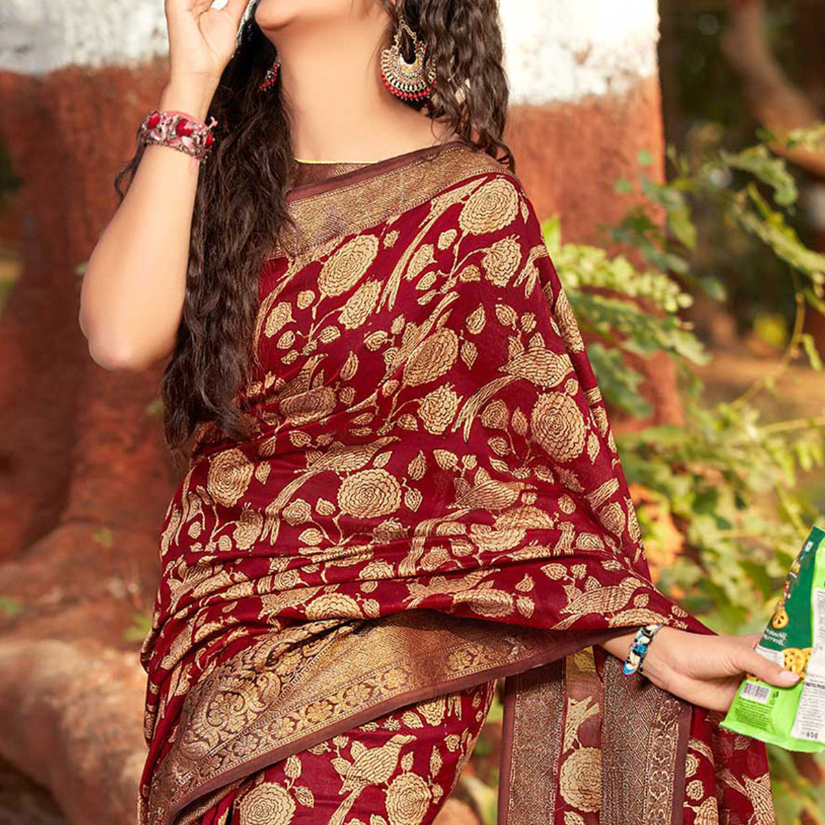 Maroon Printed With Woven Border Pure Cotton Saree