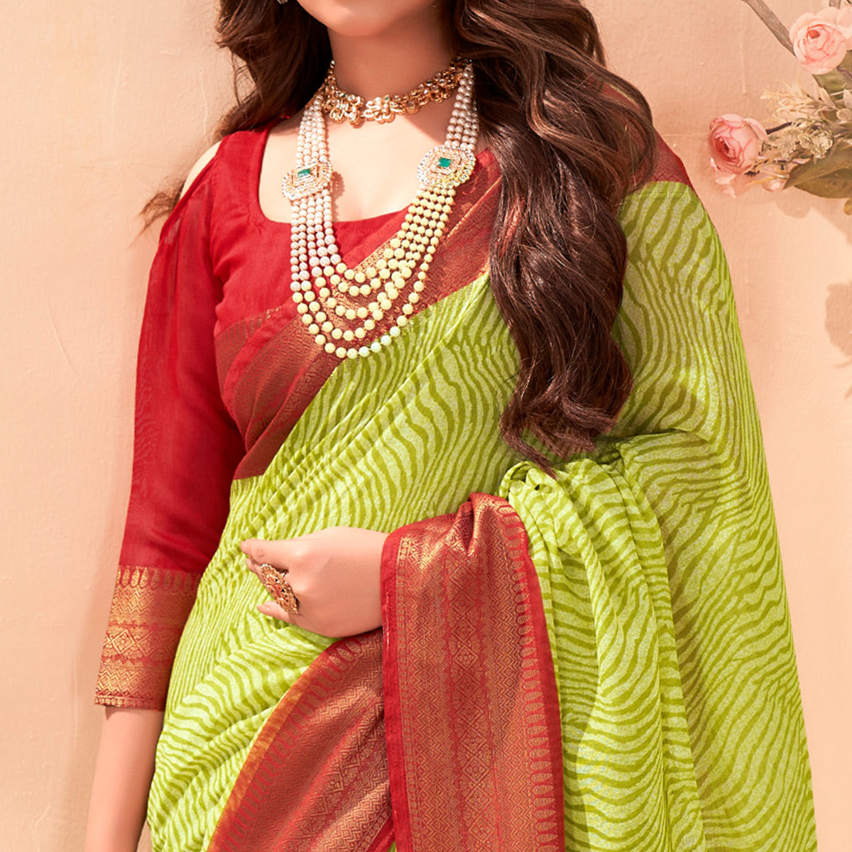 Green Printed Cotton Blend Saree With Jacquard Border