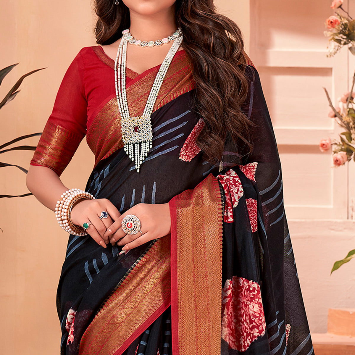 Black Printed Cotton Blend Saree With Jacquard Border