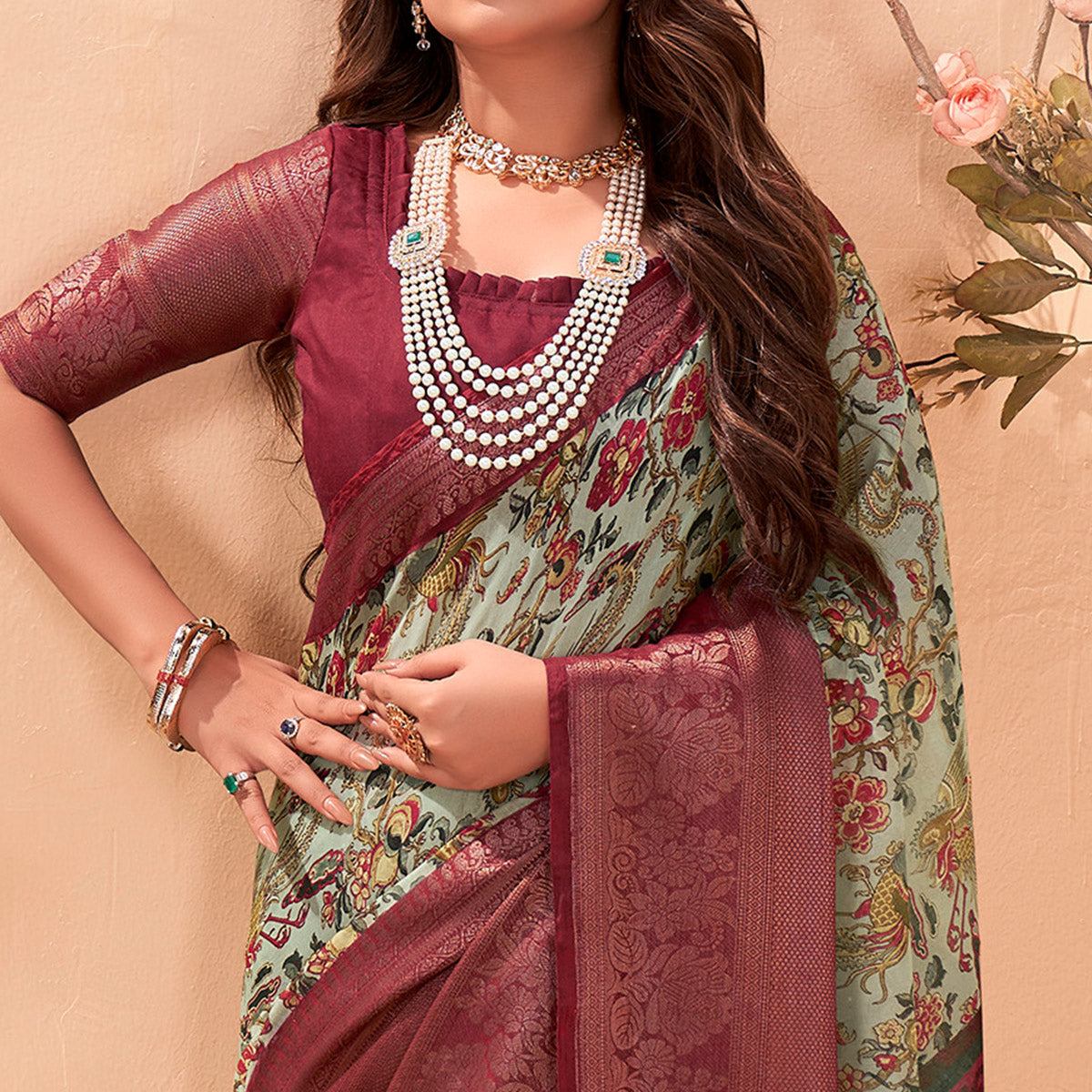 Sea Green Printed Cotton Blend Saree With Jacquard Border