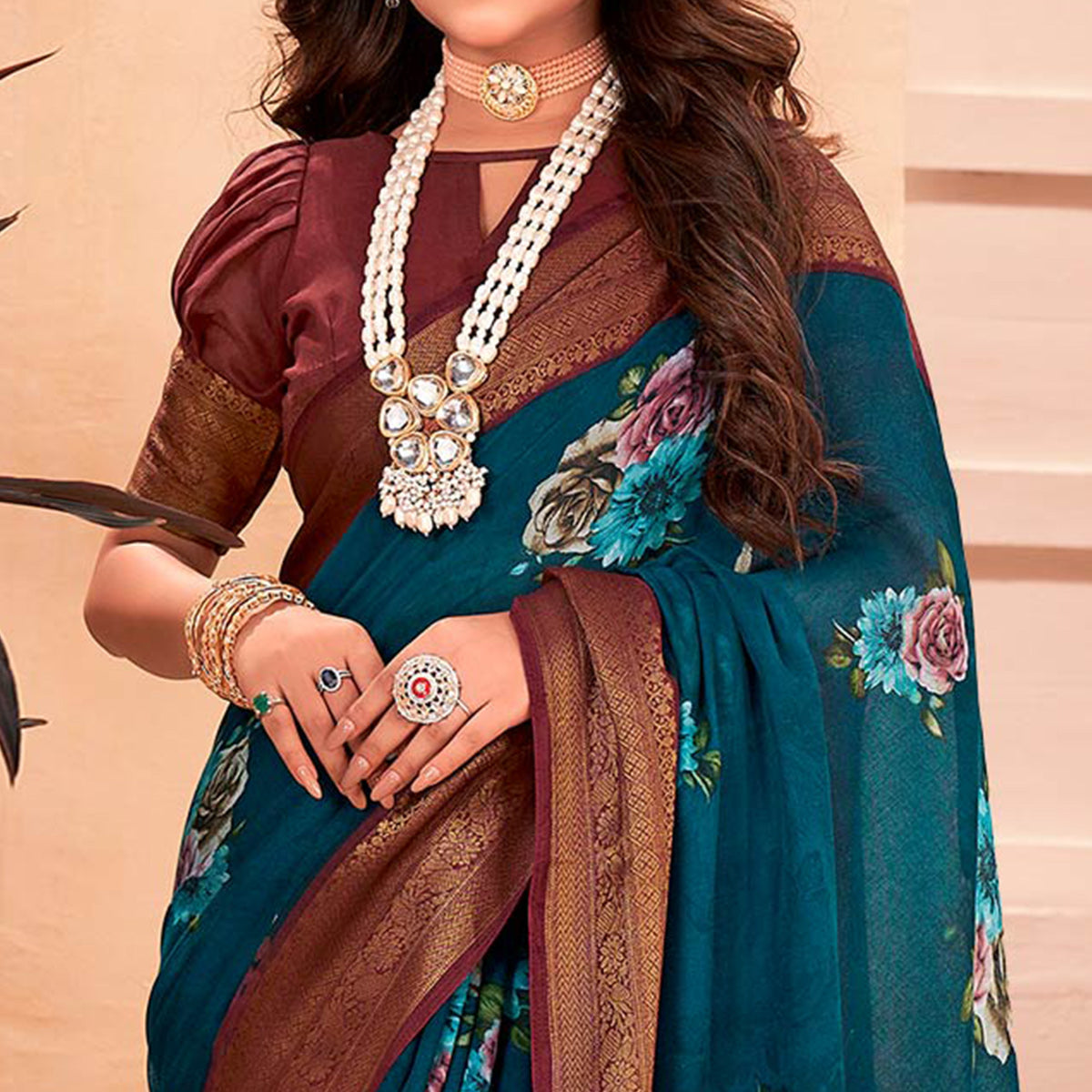 Teal Printed Cotton Blend Saree With Jacquard Border
