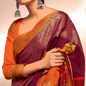 Wine Floral Printed With Woven Cotton Silk Saree