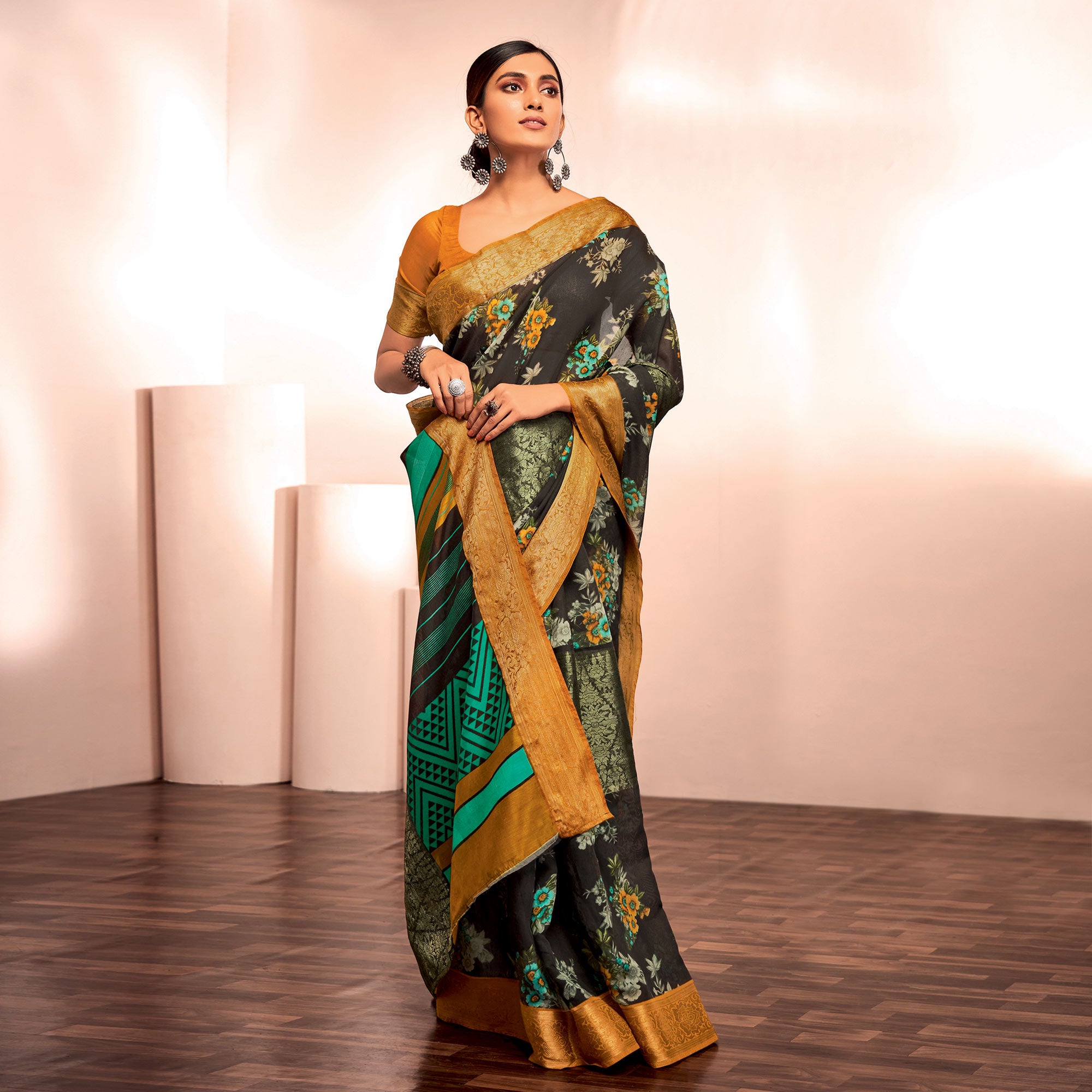 Black Floral Printed With Woven Cotton Silk Saree