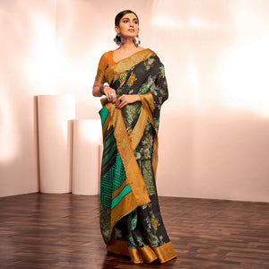 Black Floral Printed With Woven Cotton Silk Saree