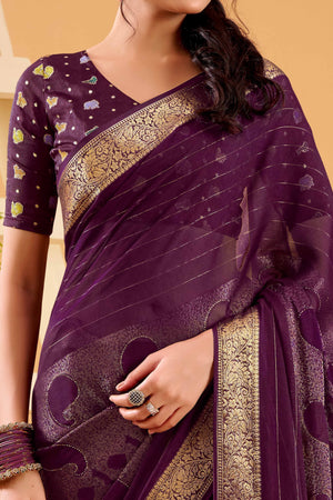 Wine Jacquard Saree Featuring Swarovski Embellishments With Rich Paisley & Floral Weave