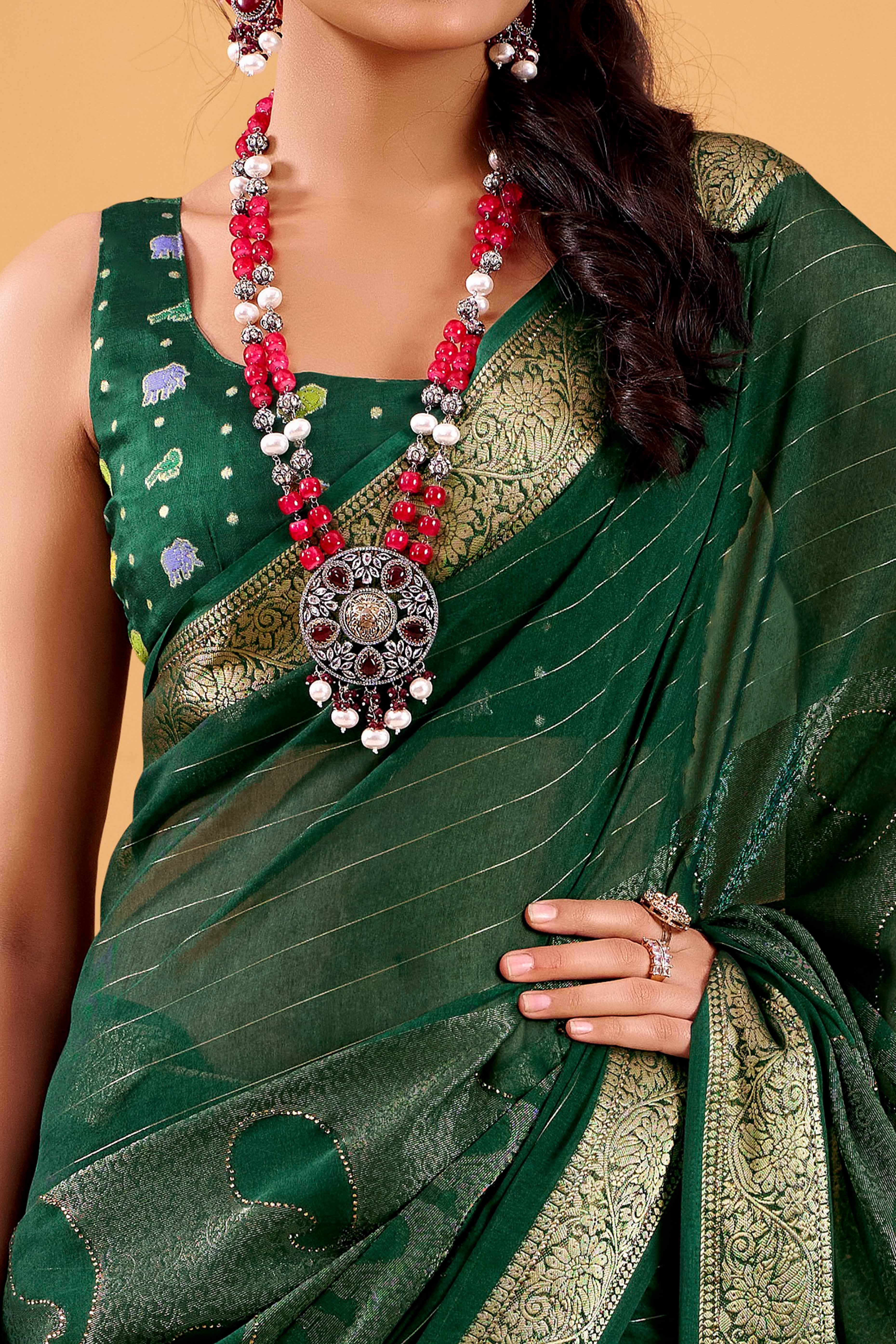 Green Jacquard Saree Featuring Swarovski Embellishments With Rich Paisley & Floral Weave